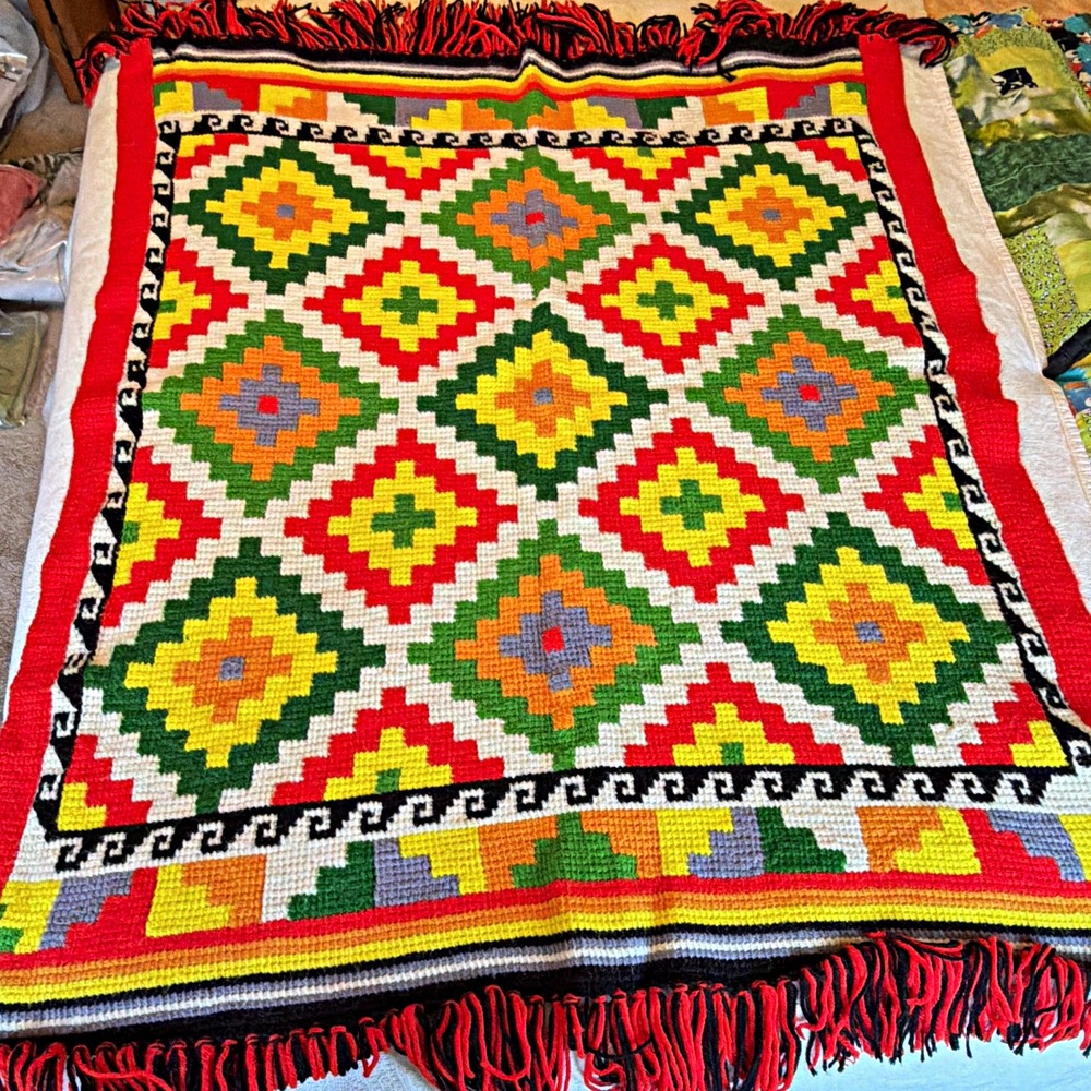 Vintage Handmade Needlepoint Rug 47x40 Geometric Folk Art Tapestry Colorful